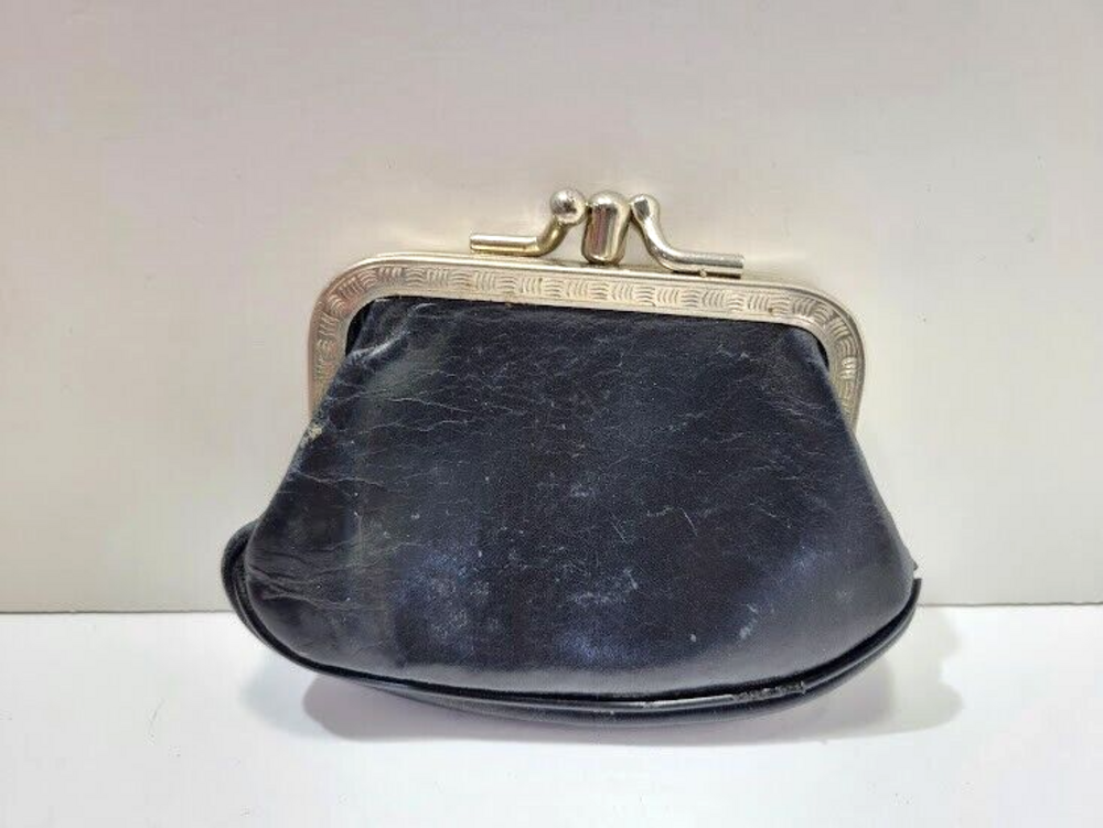 Vintage Black Pebbled Leather Coin Purse Pouch Small